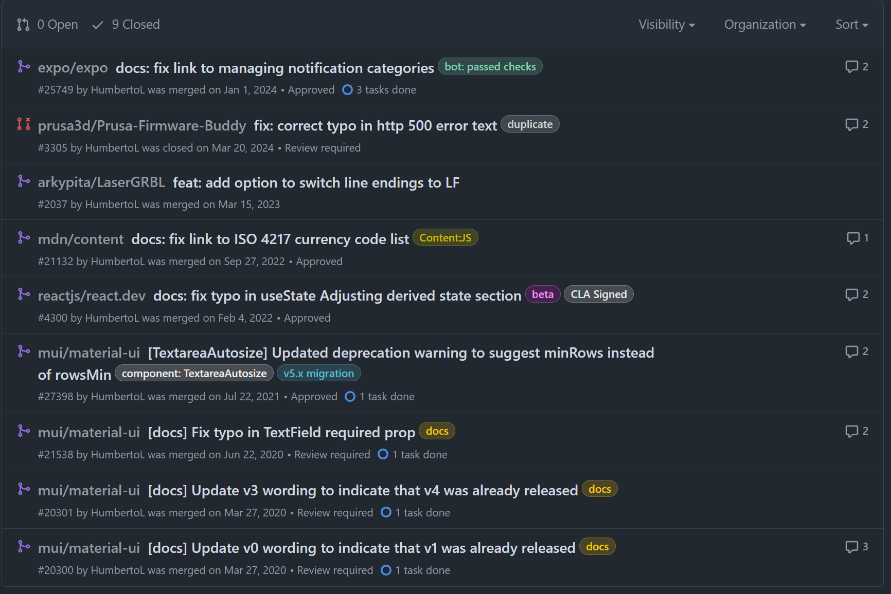 Merged PRs on open source projects preview